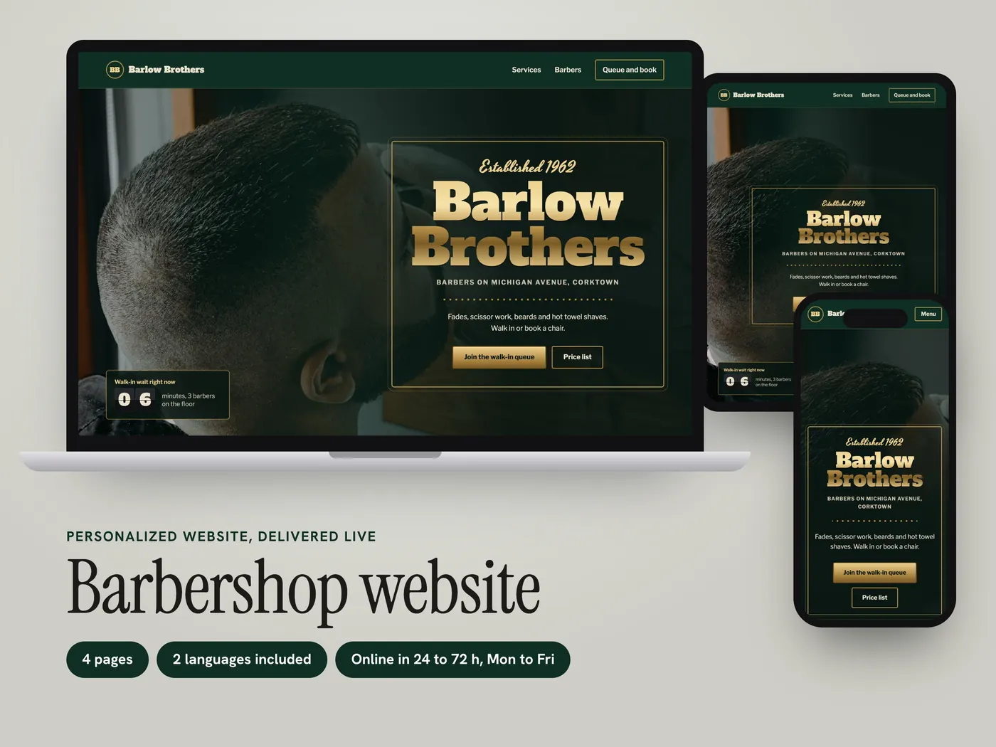 Barlow Brothers Barbers, Personalized website, view 1