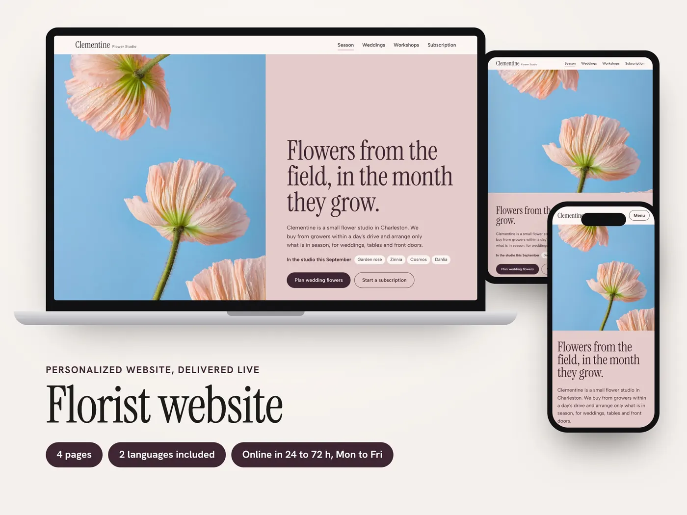 Clementine Flower Studio, Personalized website, view 1