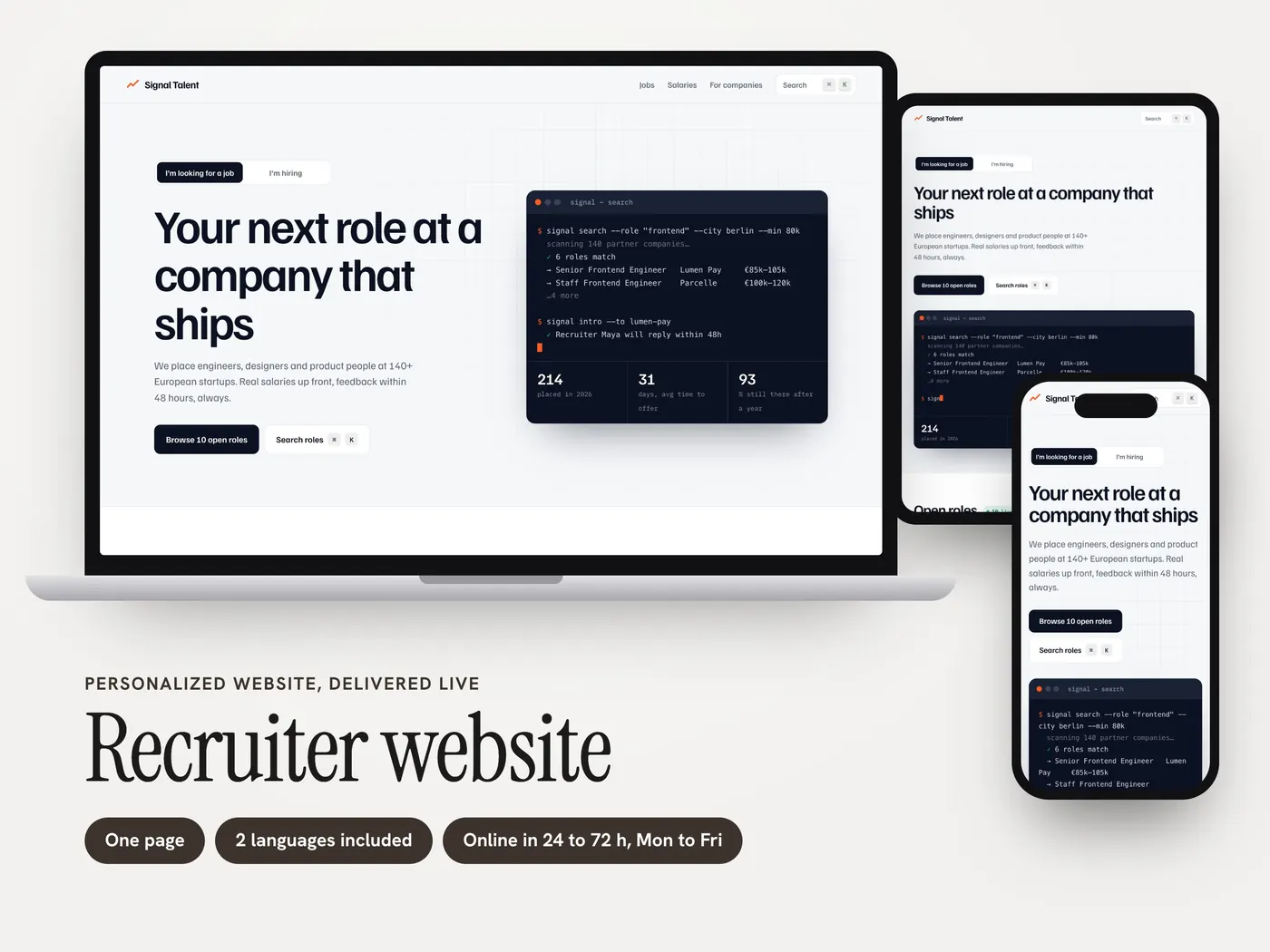 Signal Talent, Personalized website, view 1