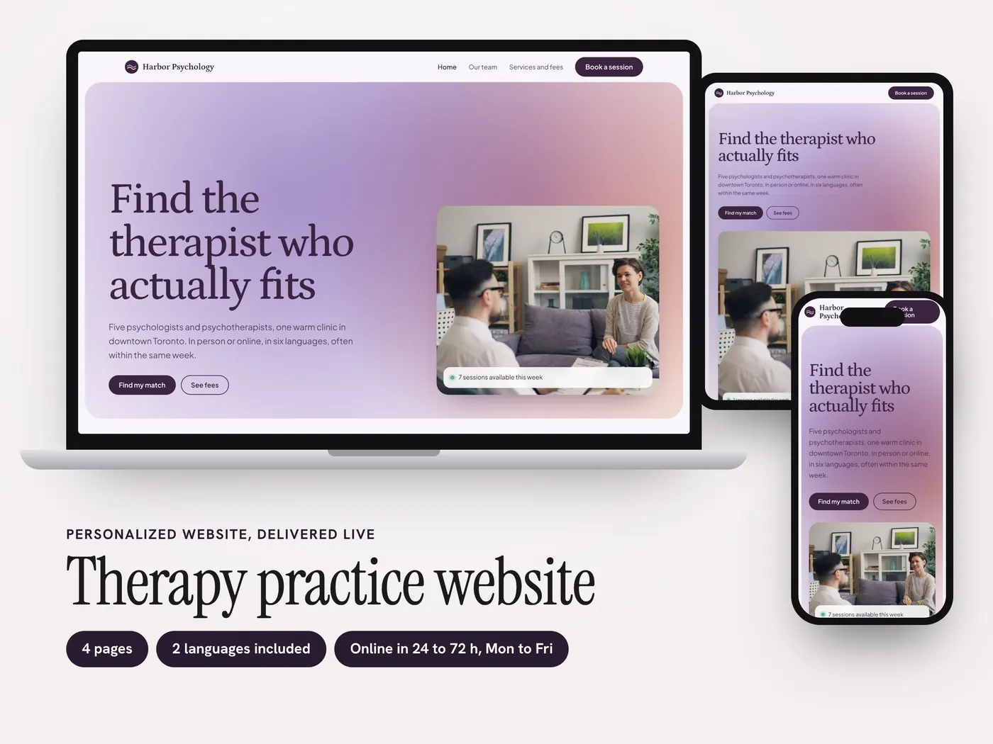 Harbor Psychology, Personalized website, view 1